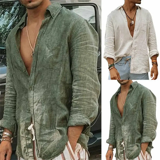 2025 Men Casual Cotton Linen ShirtsStanding Collar Male Solid Color Long Sleeves Loose Tops Spring Autumn Handsome Men's Shirts