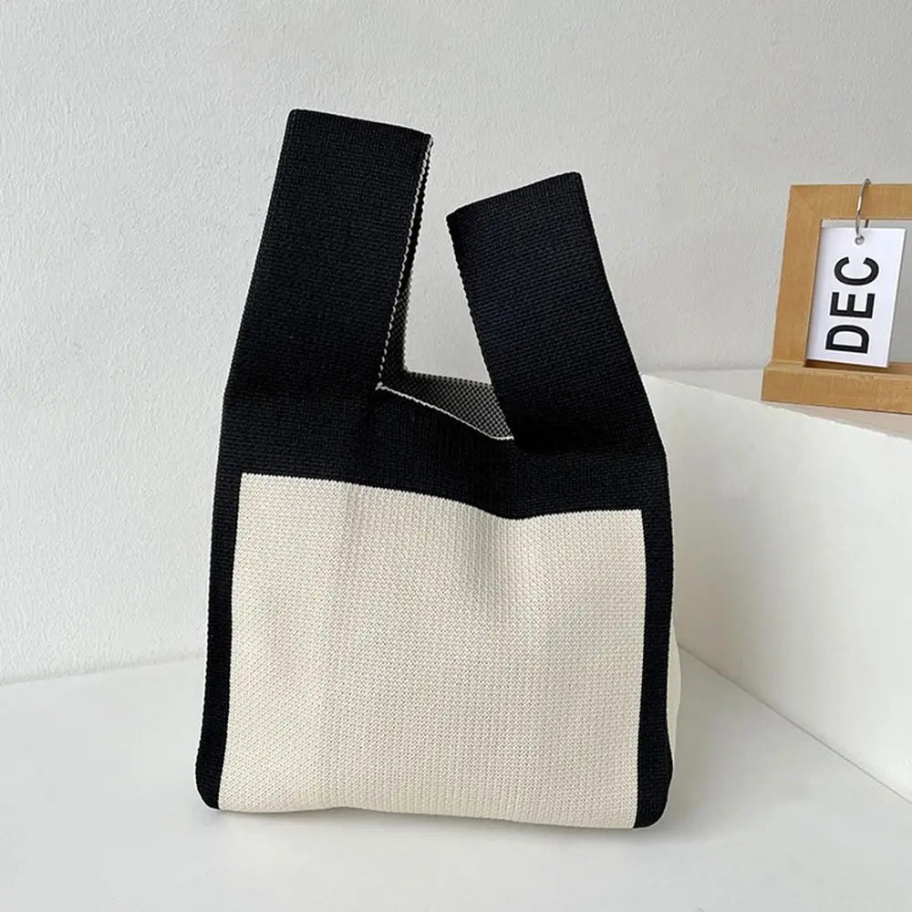 Handmade Mini Knot Wrist Bag Casual Color Plaid Tote Bag Knit Handbag Women Student Reusable Shopping Bags