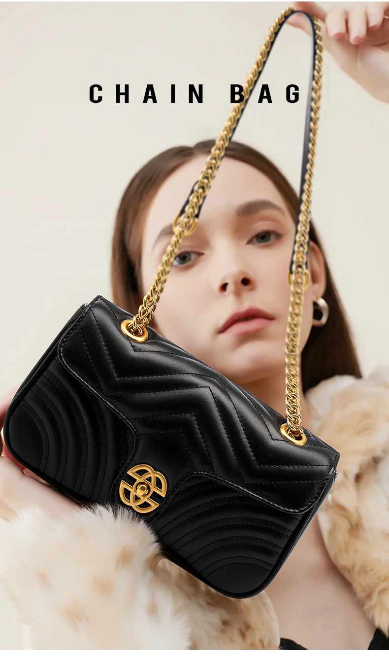 Genuine Leather Women's Chain Bag 2024 New Luxury Designer Cowhide Women Crossbody Shoulder Bags Geometric Pattern Handbag