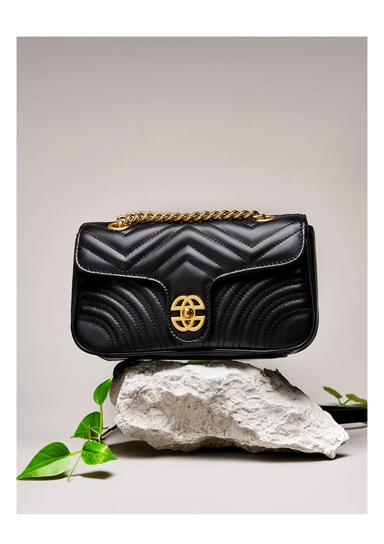 Genuine Leather Women's Chain Bag 2024 New Luxury Designer Cowhide Women Crossbody Shoulder Bags Geometric Pattern Handbag