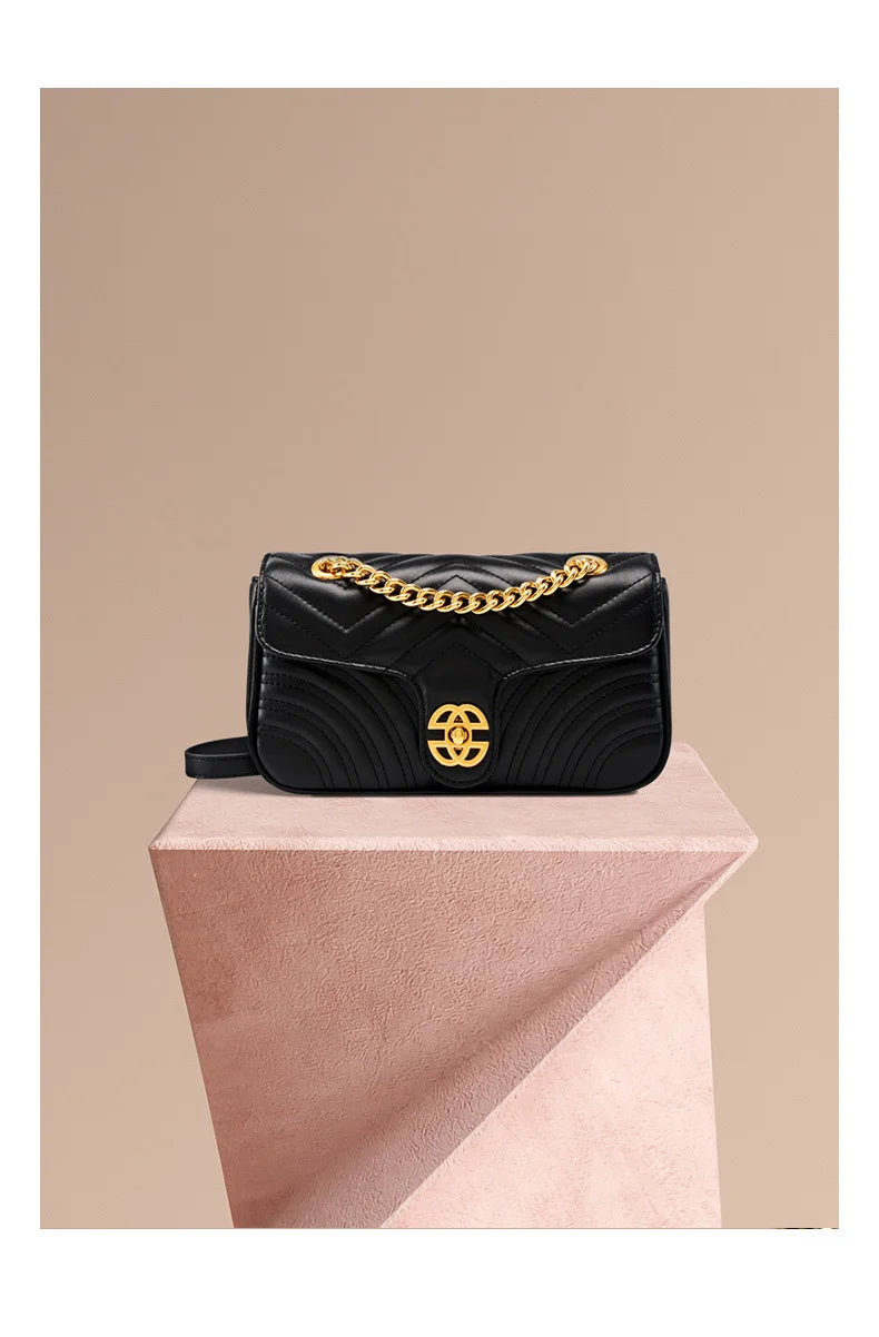 Genuine Leather Women's Chain Bag 2024 New Luxury Designer Cowhide Women Crossbody Shoulder Bags Geometric Pattern Handbag