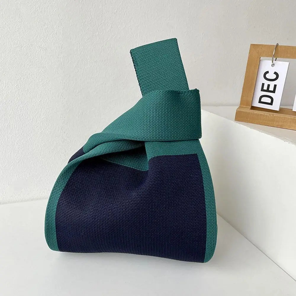 Handmade Mini Knot Wrist Bag Casual Color Plaid Tote Bag Knit Handbag Women Student Reusable Shopping Bags