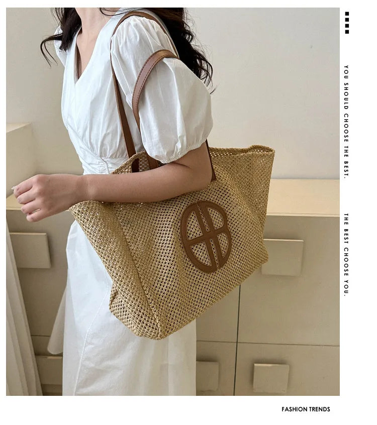 Straw Hollow Out Knitting Tote Bag Large Capacity Handmade Shoulder Handbag Women 2023 Designer Casual Beach Bag Ethnic Style