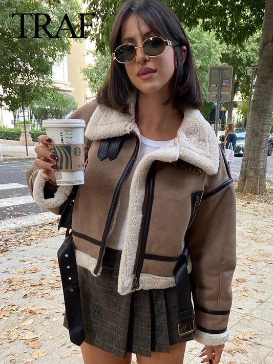 TRAF 2023 Winter Women Fashion Jacket Khaki Turn Down Collar Loose Coat Woman Versatile Vintage High Street Female Cotton Coat