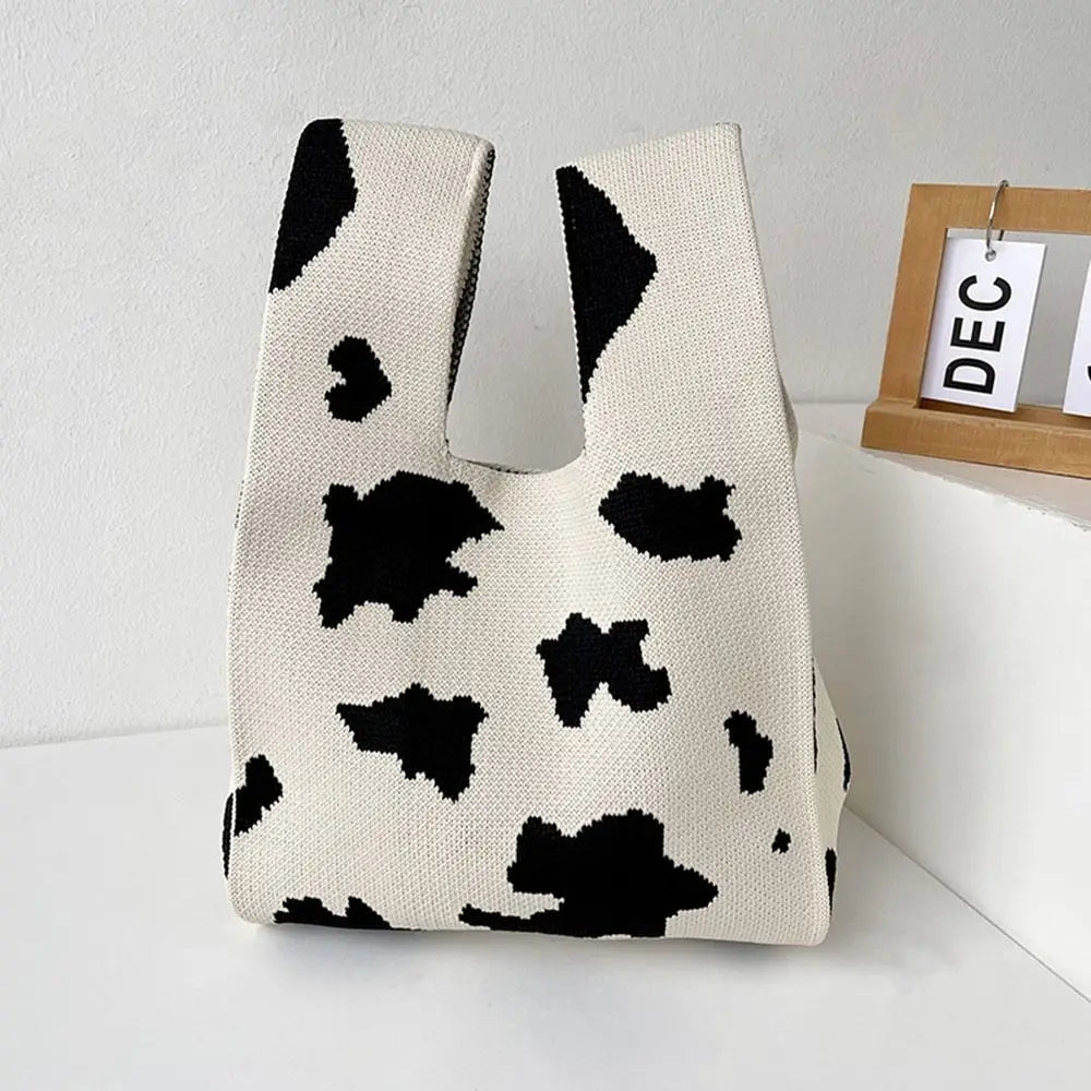 Handmade Mini Knot Wrist Bag Casual Color Plaid Tote Bag Knit Handbag Women Student Reusable Shopping Bags