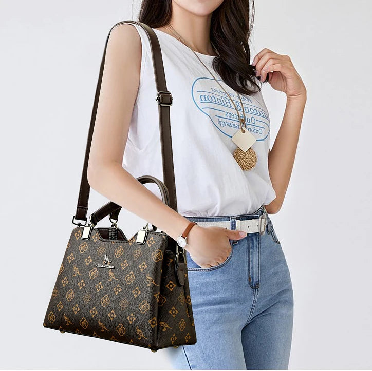 Women Handbag Large Capacity Multi-Compartment Leather Handbag for Moms High Quality Luxury Print Design Anti-Theft Back Pocket