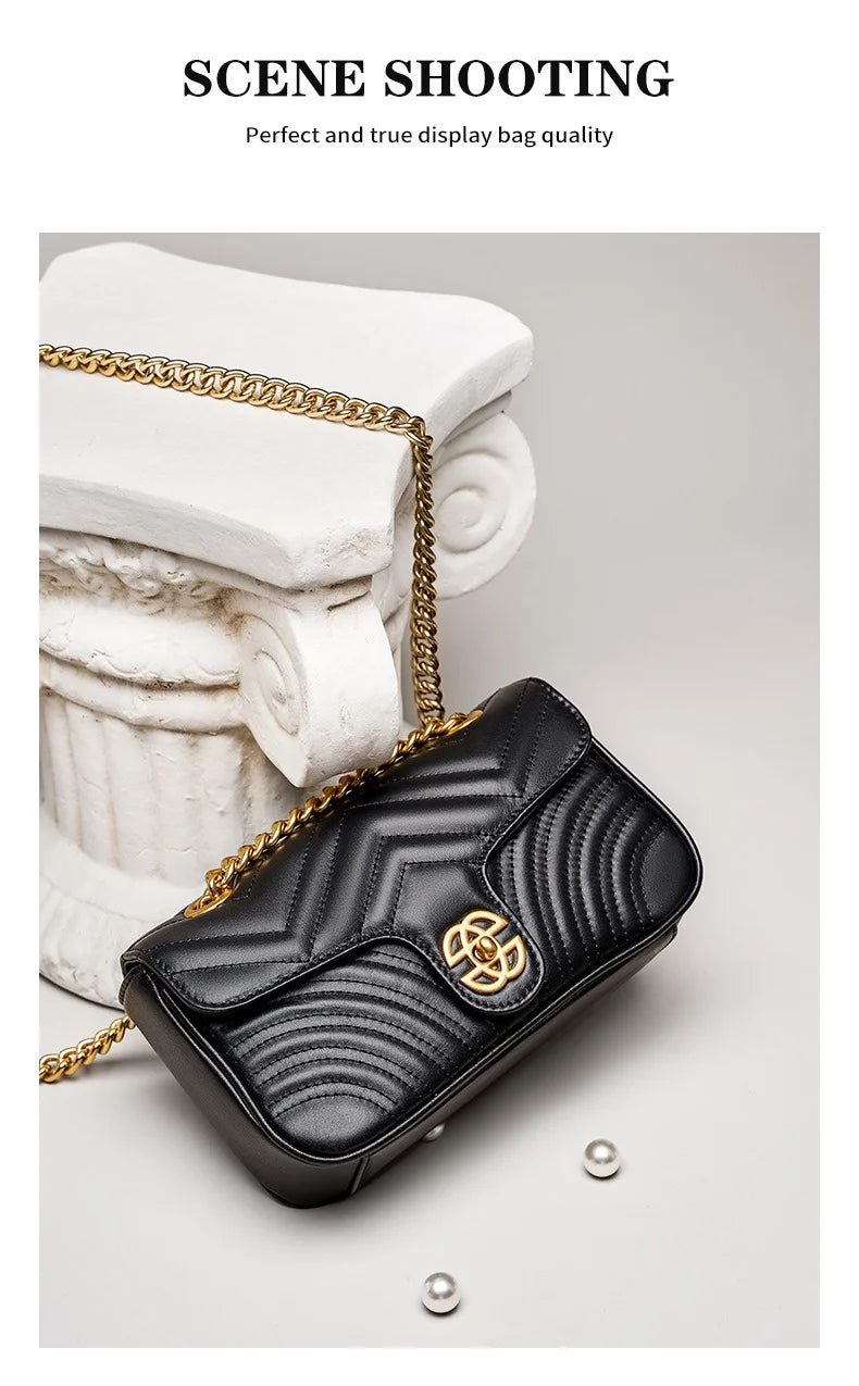 Genuine Leather Women's Chain Bag 2024 New Luxury Designer Cowhide Women Crossbody Shoulder Bags Geometric Pattern Handbag