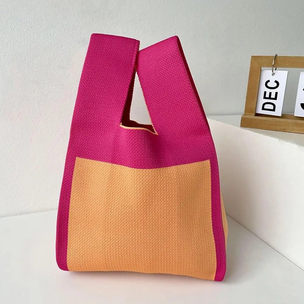 Handmade Mini Knot Wrist Bag Casual Color Plaid Tote Bag Knit Handbag Women Student Reusable Shopping Bags