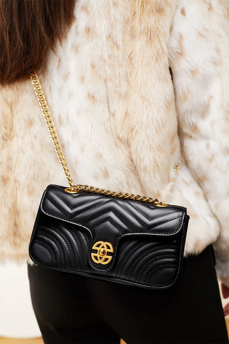 Genuine Leather Women's Chain Bag 2024 New Luxury Designer Cowhide Women Crossbody Shoulder Bags Geometric Pattern Handbag