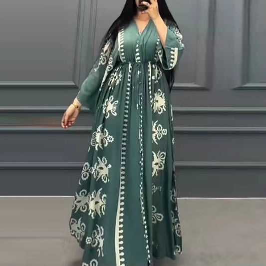 Autumn 3/4 Sleeve Loose Muslim Dress Woman Vintage Pattern Print Robe Party Dress Spring V Neck Lace-up Maxi Long Dress Vestidos