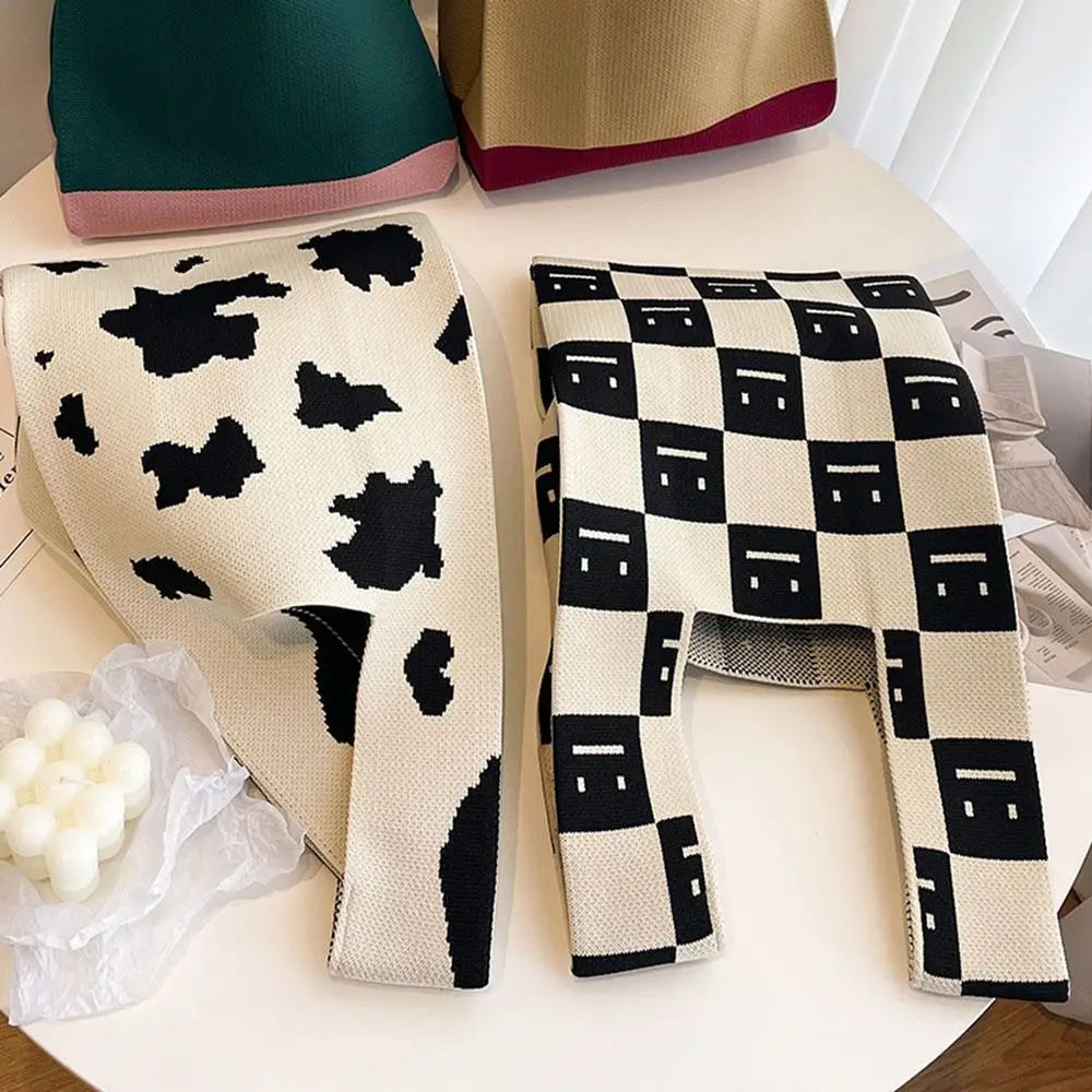 Handmade Mini Knot Wrist Bag Casual Color Plaid Tote Bag Knit Handbag Women Student Reusable Shopping Bags