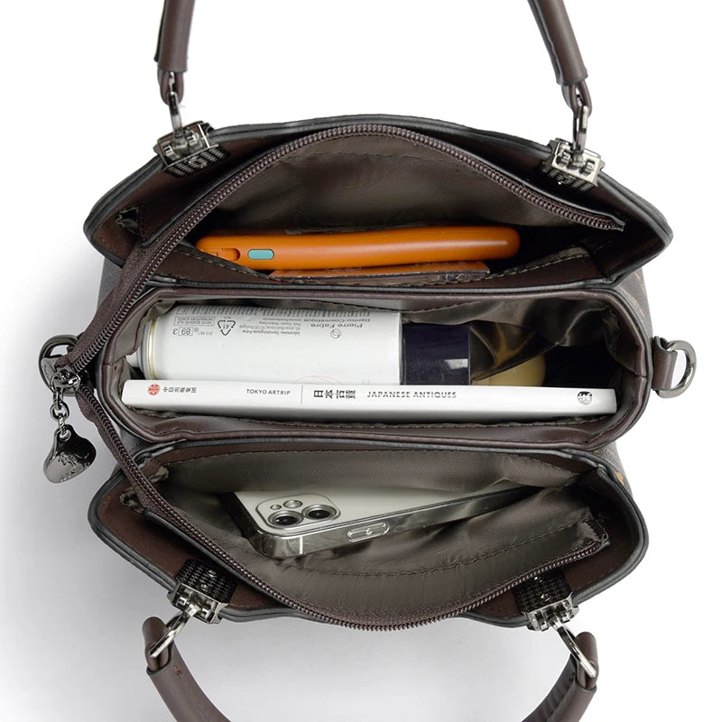 Women Handbag Large Capacity Multi-Compartment Leather Handbag for Moms High Quality Luxury Print Design Anti-Theft Back Pocket