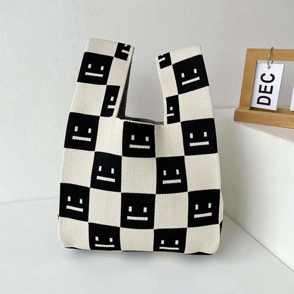 Handmade Mini Knot Wrist Bag Casual Color Plaid Tote Bag Knit Handbag Women Student Reusable Shopping Bags