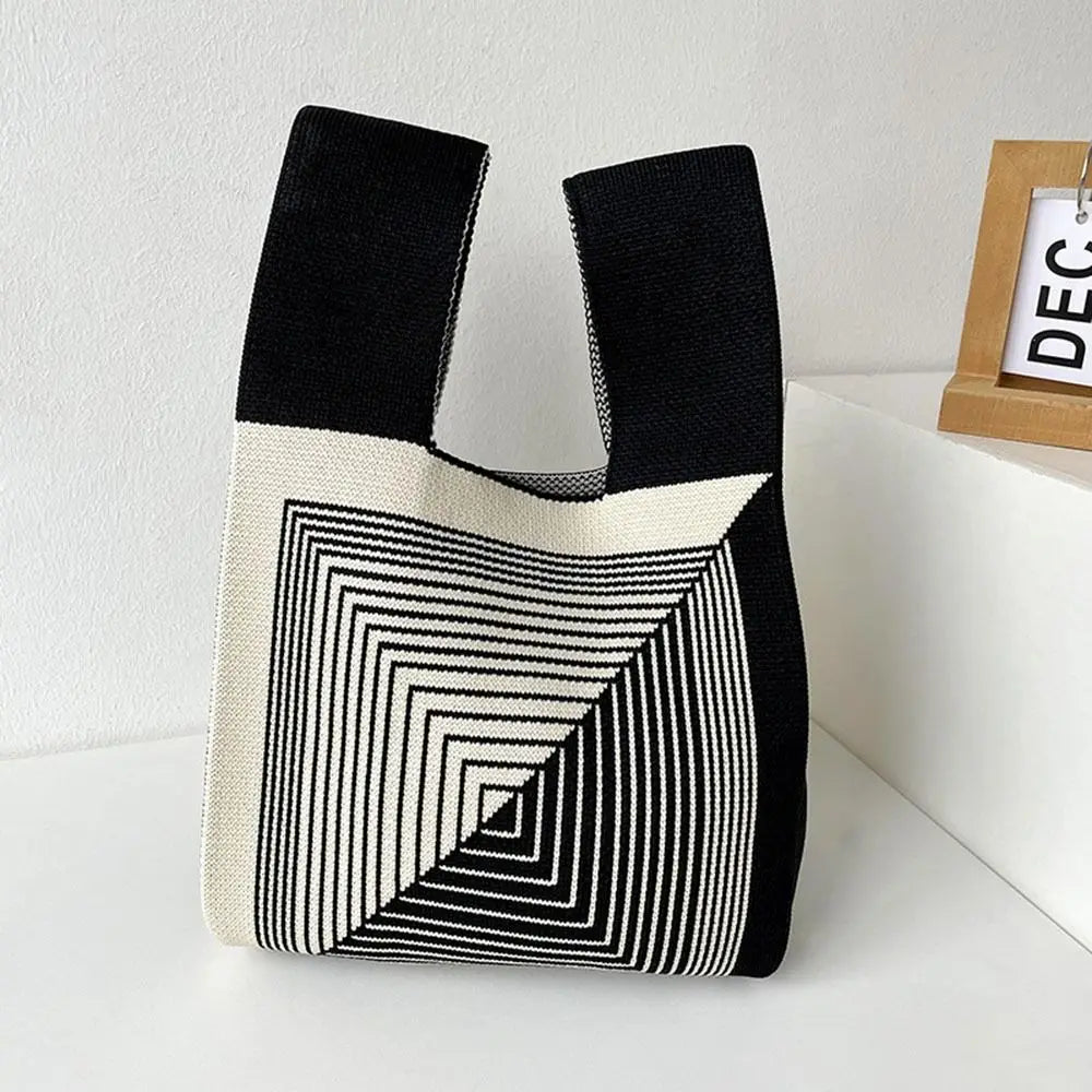 Handmade Mini Knot Wrist Bag Casual Color Plaid Tote Bag Knit Handbag Women Student Reusable Shopping Bags