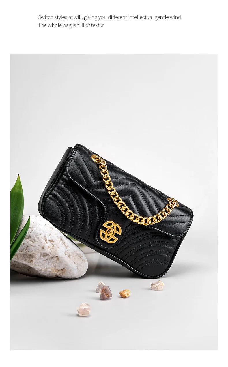 Genuine Leather Women's Chain Bag 2024 New Luxury Designer Cowhide Women Crossbody Shoulder Bags Geometric Pattern Handbag