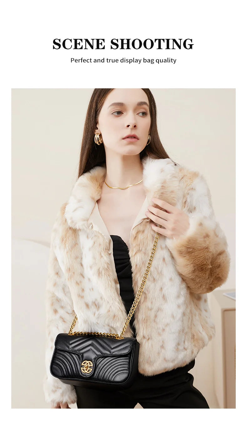 Genuine Leather Women's Chain Bag 2024 New Luxury Designer Cowhide Women Crossbody Shoulder Bags Geometric Pattern Handbag