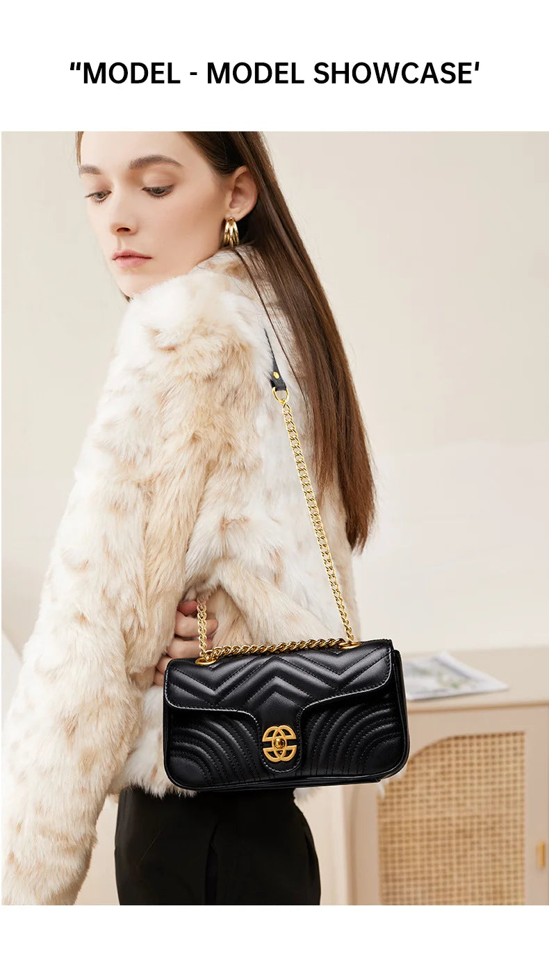 Genuine Leather Women's Chain Bag 2024 New Luxury Designer Cowhide Women Crossbody Shoulder Bags Geometric Pattern Handbag