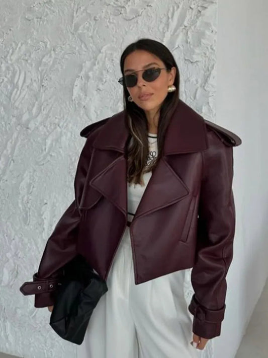 Chic Solid Color Lapel Cropped Leather Jacket Fashion Women's Pockets Long Sleeves Short Coat 2024 Lady Autumn High Streetwear