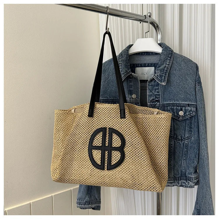 Straw Hollow Out Knitting Tote Bag Large Capacity Handmade Shoulder Handbag Women 2023 Designer Casual Beach Bag Ethnic Style