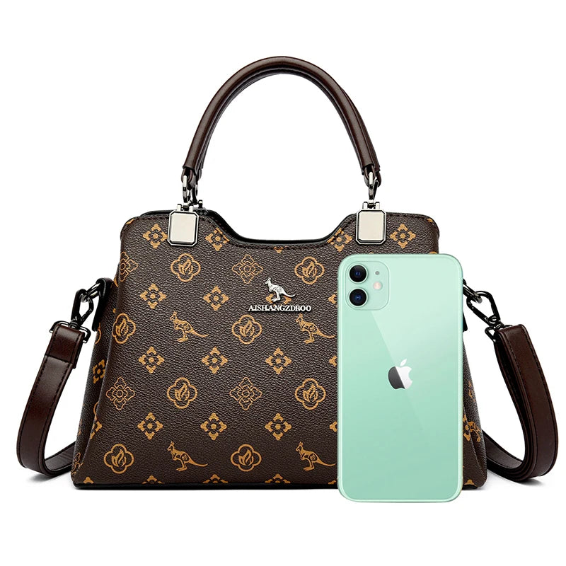 Women Handbag Large Capacity Multi-Compartment Leather Handbag for Moms High Quality Luxury Print Design Anti-Theft Back Pocket