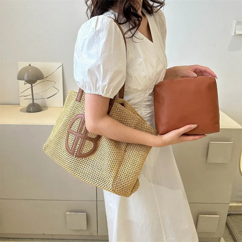 Straw Hollow Out Knitting Tote Bag Large Capacity Handmade Shoulder Handbag Women 2023 Designer Casual Beach Bag Ethnic Style