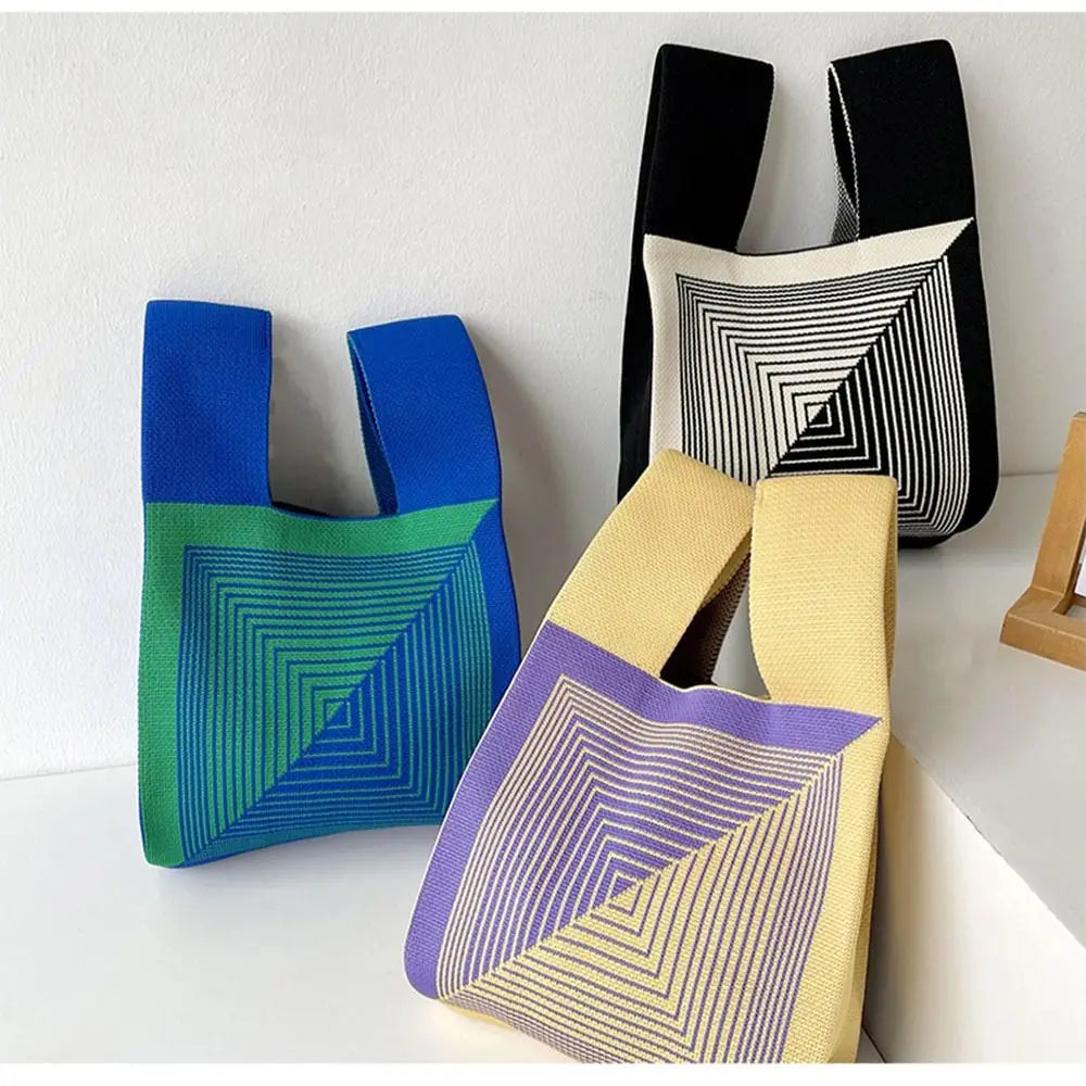 Handmade Mini Knot Wrist Bag Casual Color Plaid Tote Bag Knit Handbag Women Student Reusable Shopping Bags