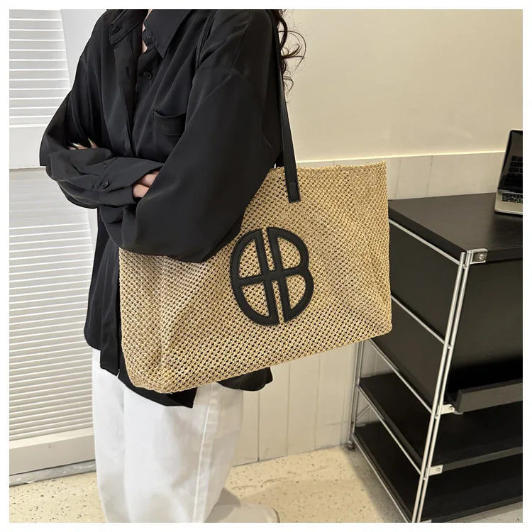 Straw Hollow Out Knitting Tote Bag Large Capacity Handmade Shoulder Handbag Women 2023 Designer Casual Beach Bag Ethnic Style