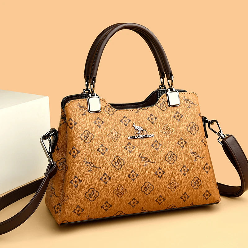 Women Handbag Large Capacity Multi-Compartment Leather Handbag for Moms High Quality Luxury Print Design Anti-Theft Back Pocket