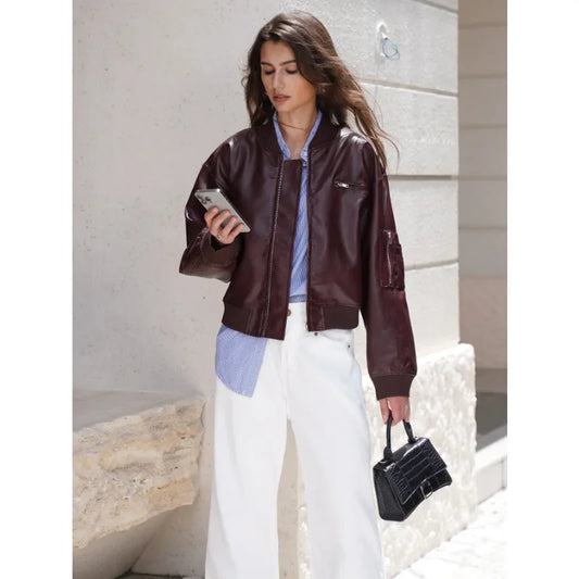 Women Stylish Autumn Pu Leather Bomber Jacket Wine red, Brown Coat