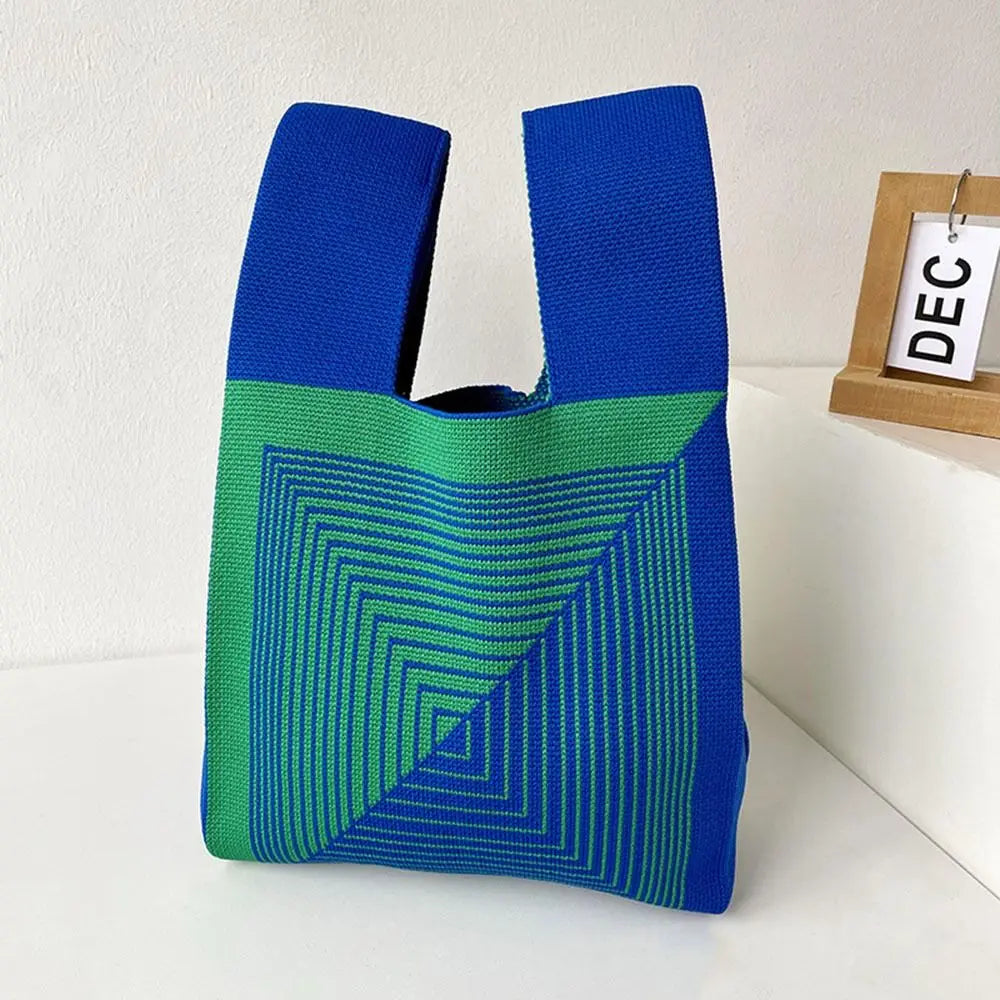 Handmade Mini Knot Wrist Bag Casual Color Plaid Tote Bag Knit Handbag Women Student Reusable Shopping Bags