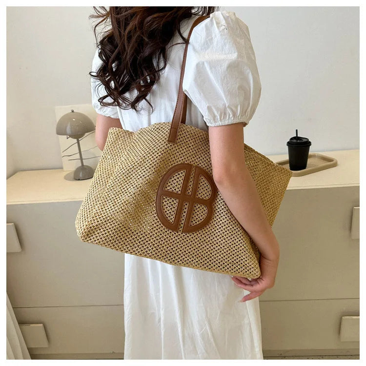 Straw Hollow Out Knitting Tote Bag Large Capacity Handmade Shoulder Handbag Women 2023 Designer Casual Beach Bag Ethnic Style