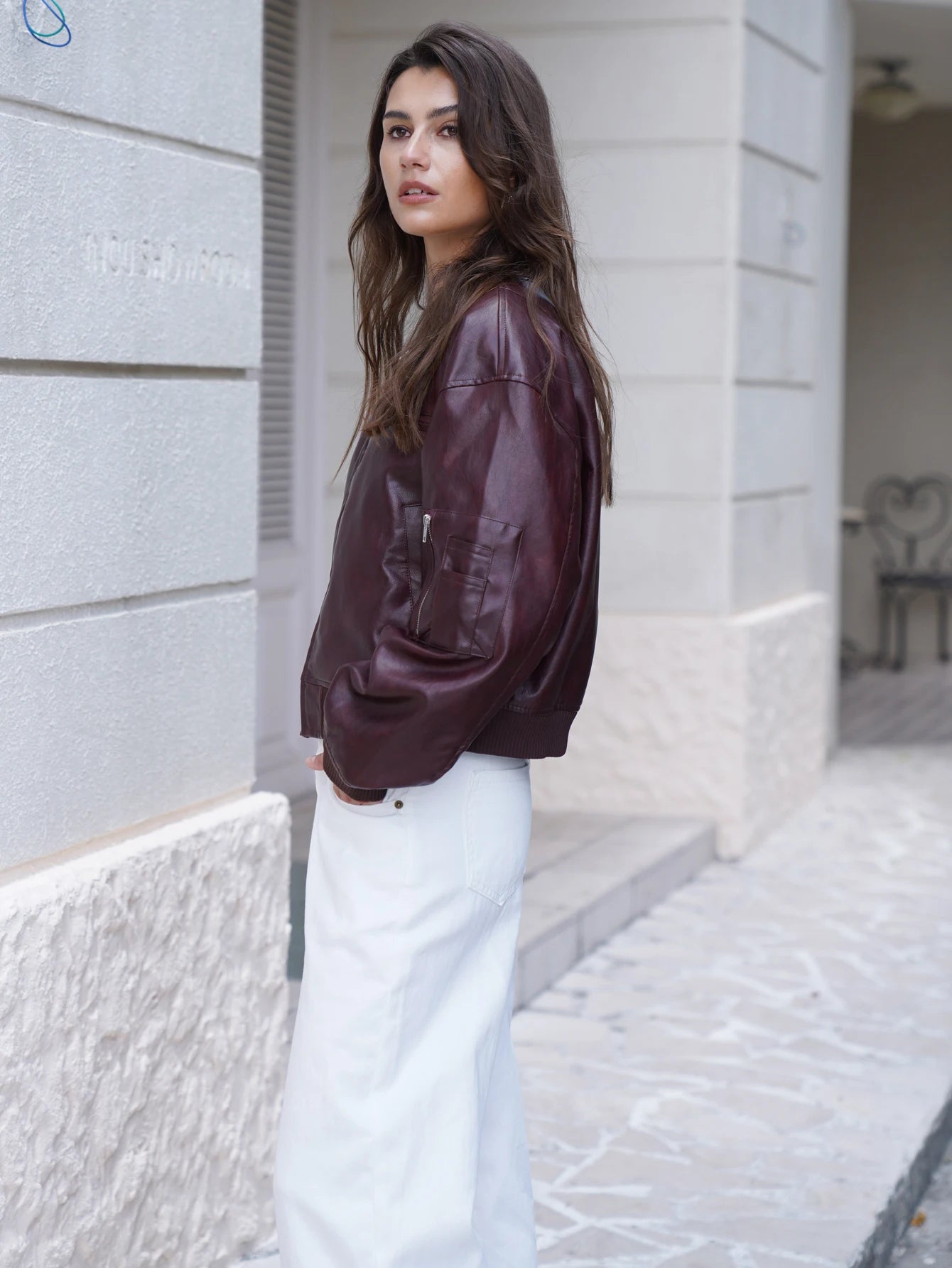 2025 Women Stylish Autumn Pu Leather Bomber Jacket Wine red, Brown Coat