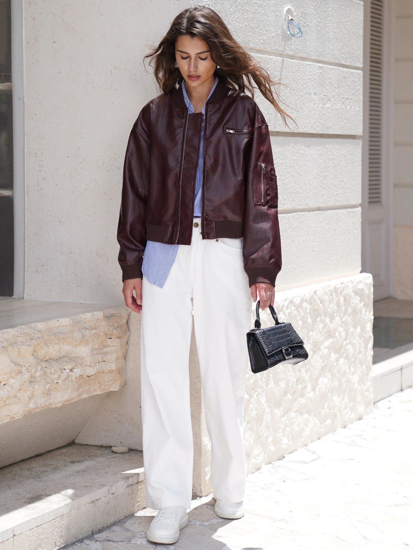 2025 Women Stylish Autumn Pu Leather Bomber Jacket Wine red, Brown Coat