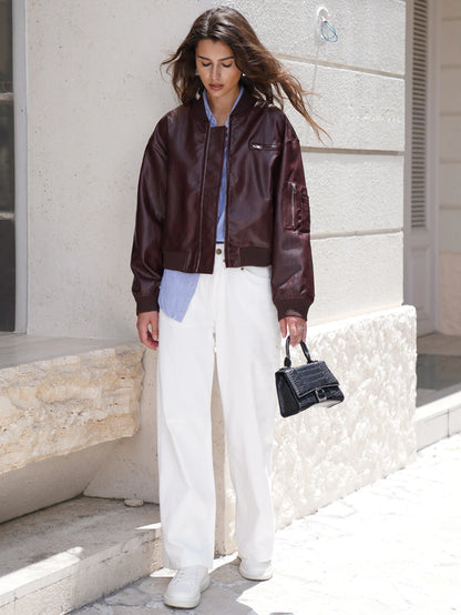 2025 Women Stylish Autumn Pu Leather Bomber Jacket Wine red, Brown Coat