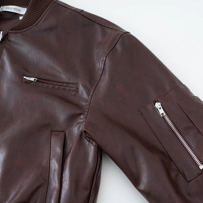 2025 Women Stylish Autumn Pu Leather Bomber Jacket Wine red, Brown Coat