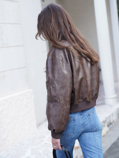 2025 Women Stylish Autumn Pu Leather Bomber Jacket Wine red, Brown Coat