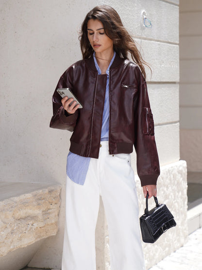 2025 Women Stylish Autumn Pu Leather Bomber Jacket Wine red, Brown Coat