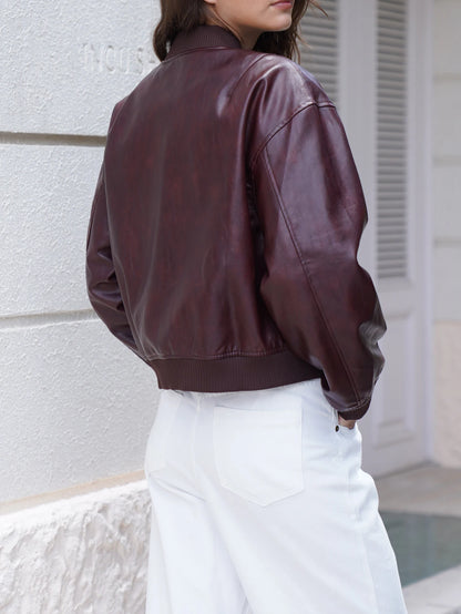 2025 Women Stylish Autumn Pu Leather Bomber Jacket Wine red, Brown Coat