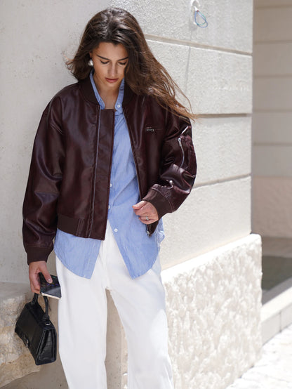 2025 Women Stylish Autumn Pu Leather Bomber Jacket Wine red, Brown Coat