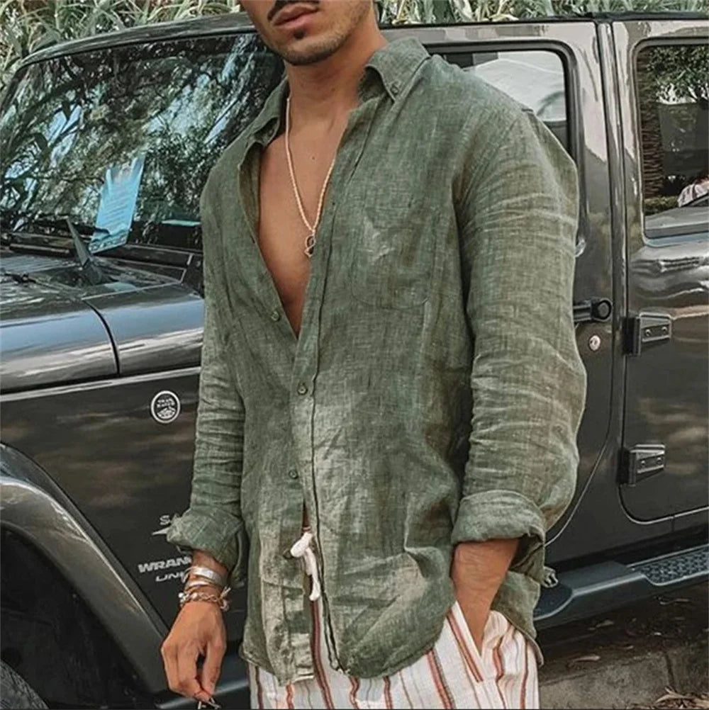 2025 Men Casual Cotton Linen ShirtsStanding Collar Male Solid Color Long Sleeves Loose Tops Spring Autumn Handsome Men's Shirts