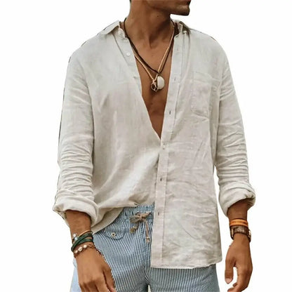 2025 Men Casual Cotton Linen ShirtsStanding Collar Male Solid Color Long Sleeves Loose Tops Spring Autumn Handsome Men's Shirts