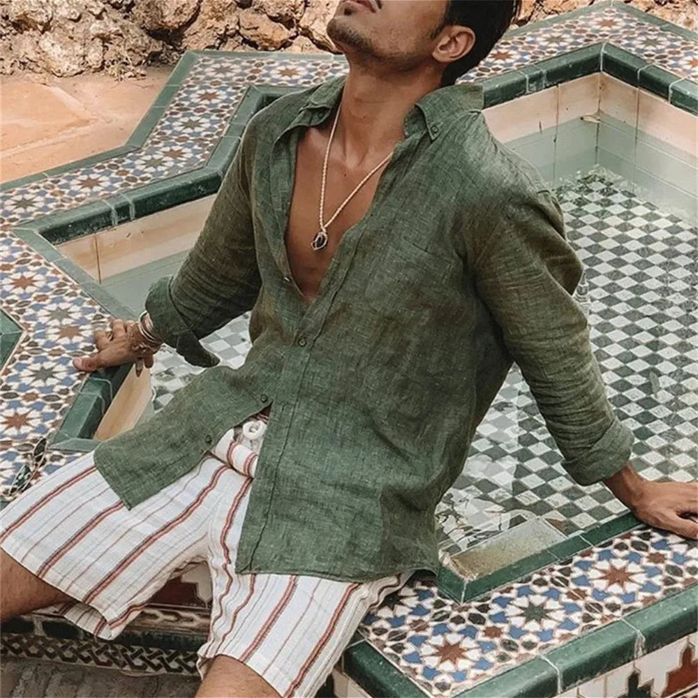 2025 Men Casual Cotton Linen ShirtsStanding Collar Male Solid Color Long Sleeves Loose Tops Spring Autumn Handsome Men's Shirts