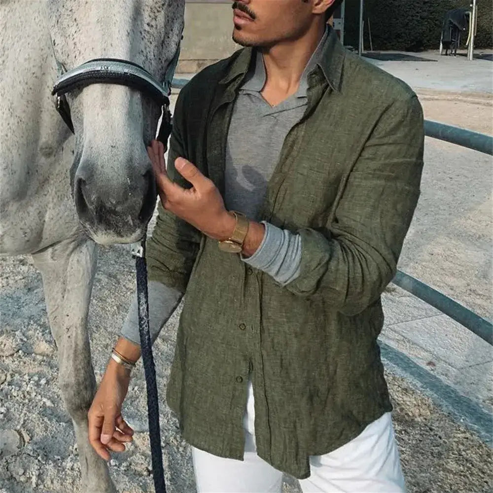 2025 Men Casual Cotton Linen ShirtsStanding Collar Male Solid Color Long Sleeves Loose Tops Spring Autumn Handsome Men's Shirts