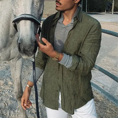 2025 Men Casual Cotton Linen ShirtsStanding Collar Male Solid Color Long Sleeves Loose Tops Spring Autumn Handsome Men's Shirts