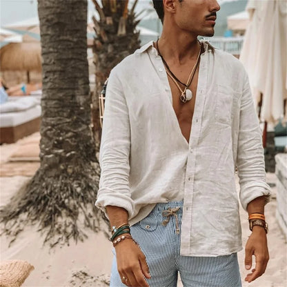 2025 Men Casual Cotton Linen ShirtsStanding Collar Male Solid Color Long Sleeves Loose Tops Spring Autumn Handsome Men's Shirts