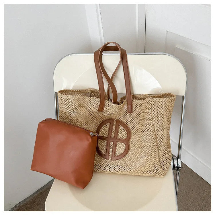 Straw Hollow Out Knitting Tote Bag Large Capacity Handmade Shoulder Handbag Women 2023 Designer Casual Beach Bag Ethnic Style