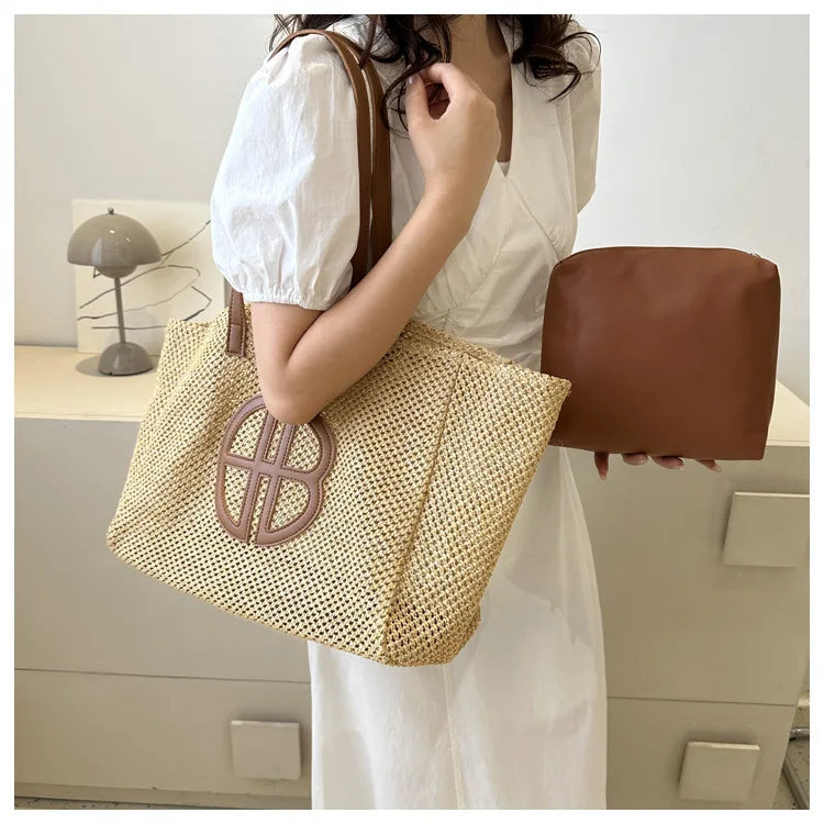 Straw Hollow Out Knitting Tote Bag Large Capacity Handmade Shoulder Handbag Women 2023 Designer Casual Beach Bag Ethnic Style