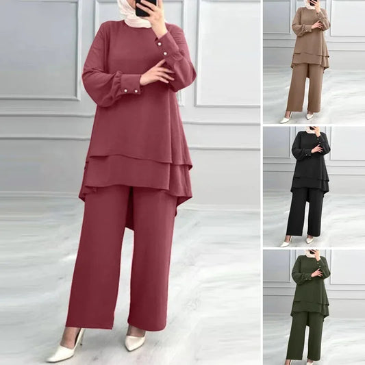 Women Muslim 2 Piece Set Blouse Double Top Wide Leg Pants Suit Morocco Ramadan Casual Ensemble Dubai Arab Trousers Outfits