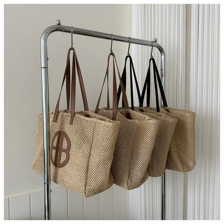 Straw Hollow Out Knitting Tote Bag Large Capacity Handmade Shoulder Handbag Women 2023 Designer Casual Beach Bag Ethnic Style