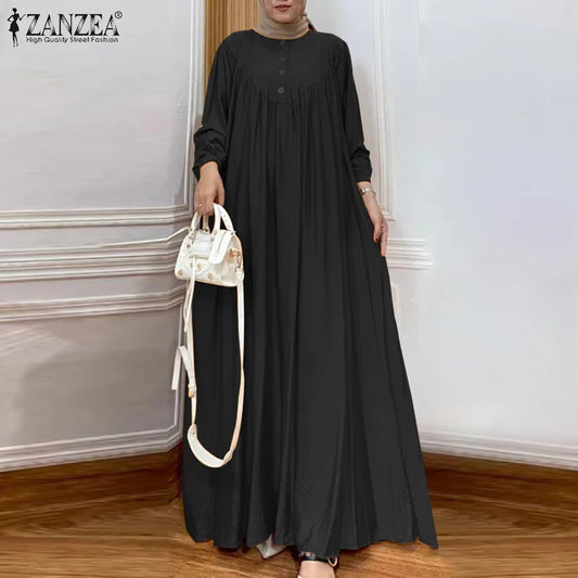 ZANZEA Vintage Women's Dress Solid Color Muslim Long Sleeve O-Neck Pleated Casual Party Islamic Clothing